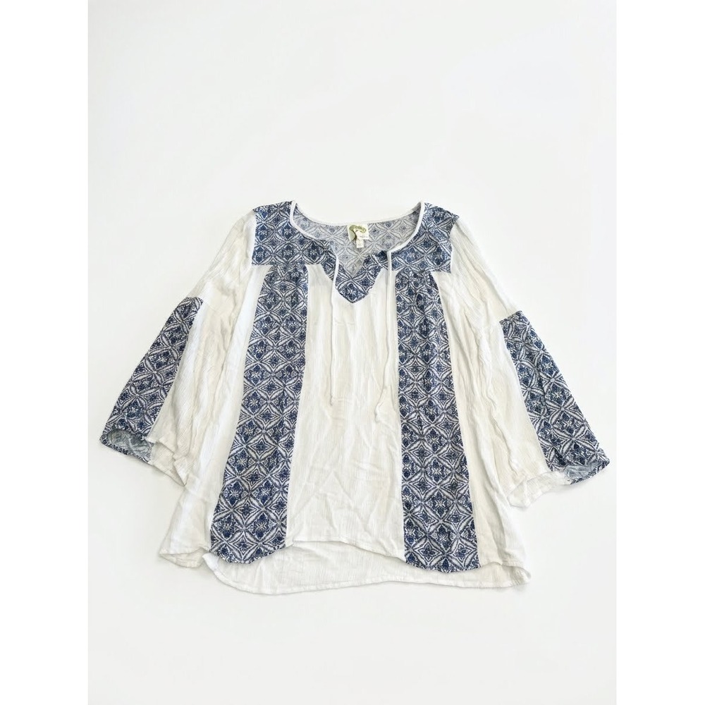 Fig and Flower Peasant Blouse Womens Large White Blue Gauze Boho Tassel Fair